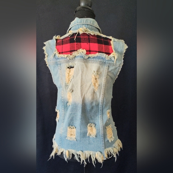 UNIF Distressed Denim and Red Flannel Vest - Picture 5 of 12